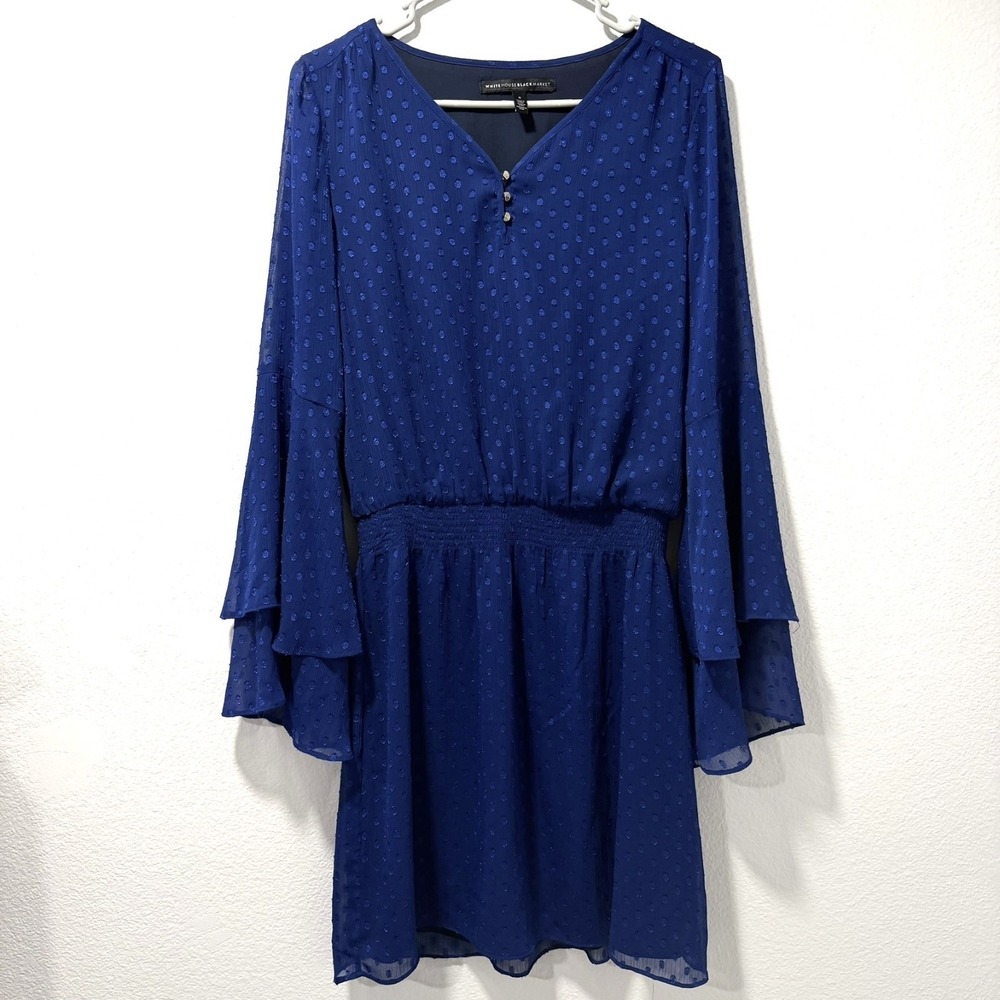 White House Black Market Size-6 Dress Women's Blue‎ Swiss Dot Smocked Waist